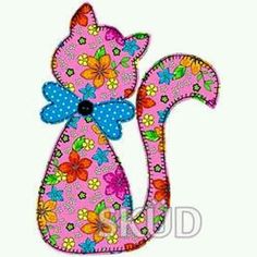 a pink and blue cat with flowers on it