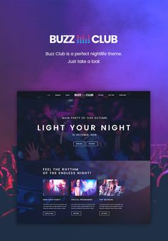 the buzz club wordpress theme is shown in purple and blue tones, with an image of