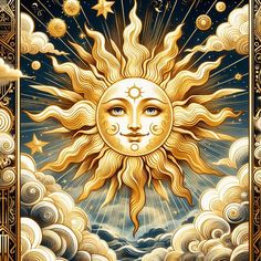 the sun with its face surrounded by clouds and stars