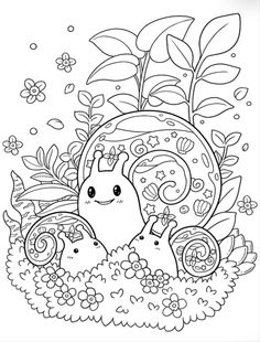 a cartoon snail with flowers and leaves in the background, coloring pages for adults to color