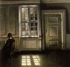 a painting of a woman sitting at a table in front of a window with the door open