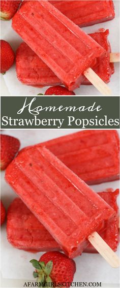 homemade strawberry popsicles on a white plate with strawberries