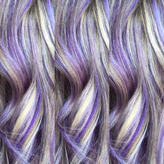 Purple Platinum Hair, Silver Hair With Purple Highlights, Purple Lowlights In Blonde Hair, Blonde Hair Purple Highlights, Silver And Purple Hair, Blonde Hair With Purple Streaks