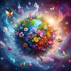 the earth is surrounded by colorful flowers and butterflies in this artistic painting, it looks like an