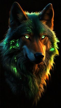 a wolf with green eyes and glowing fur