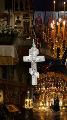 the cross is surrounded by candles and pictures