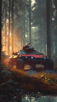 a red car driving through the woods on a foggy day with sun coming through the trees