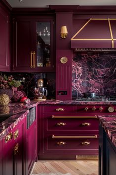 30 Stunning Art Deco Kitchen Ideas for Your Home Renovation - Quiet Minimal Pink Art Deco Kitchen, Magenta Cabinets, Navy Blue And Pink Kitchen, Art Deco Kitchen Modern, Art Deco Art, Pink Kitchen Ideas, Art Deco Color Palette, Hot Pink Kitchen