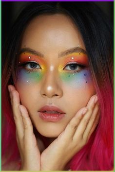 This set incldues a blush brush, sponge, crease brush, setting brush, and \ Rainbow Eyeshadow With Rhinestones, Rainbow Eyeshadow Hooded Eyes, Rainbow Looks Makeup, Rainbow Inspired Makeup, Easy Rainbow Eyeshadow, Rainbow Festival Makeup, Pride Rhinestone Makeup, Fun Festival Makeup, Rainbow Tears Makeup