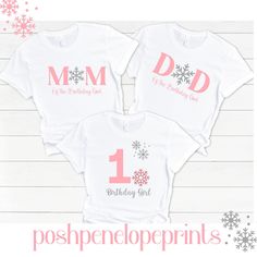 three personalized birthday shirts with snowflakes on them