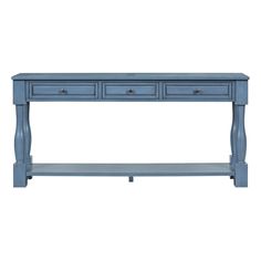 a blue console table with three drawers