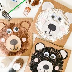 three paper plates with animal faces on them, one is brown and the other is white