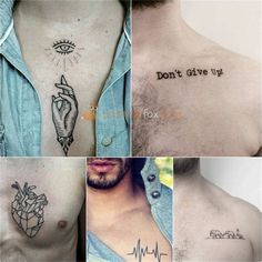 multiple pictures of chest tattoos with words on them