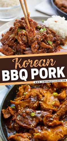 korean bbq pork with rice and chopsticks