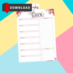 the printable planner is on top of a pink and blue background with an arrow