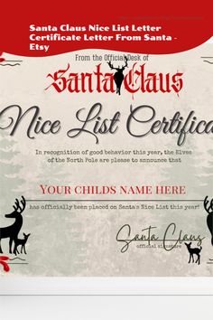 an award certificate for santa claus's nice list certified by the santa clauss