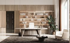 a living room filled with furniture and a book shelf on top of a wooden wall