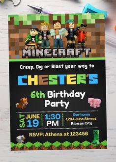 an image of a birthday party with minecraft characters on the front and back of it