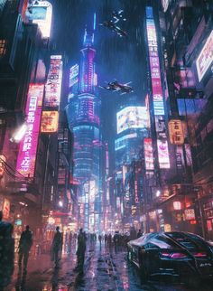 a cityscape with neon lights and people walking in the rain