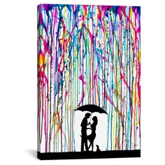 a couple under an umbrella in the rain with colorful paint splatters on it