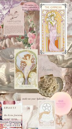 a collage of cards and other items in pink, purple, yellow and white