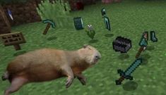 an animal is running through the grass in front of other animals and objects that appear to be made out of minecraft