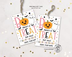 two halloween tags with the words boo here's a treat for your birthday