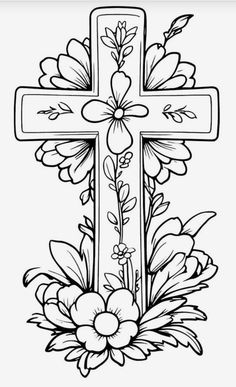 a cross with flowers and leaves on the bottom is shown in black and white ink