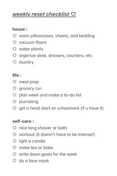 let’s get organized and ready to take on the week! 🧹      #organization #reset Productive Weekly Schedule, How To Get More Organized Life, Getting Ready List, How To Be Clean And Organized, Weekly Things To Do, Sunday Reset Checklist Cleaning, Being More Organized, How To Plan Out Your Week, Room Reset Checklist