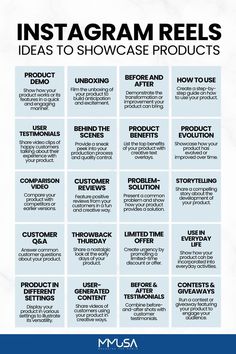 the instagramm reels info sheet with text that reads instagramm reels ideas to showcase products