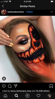 Pumpkin Head Makeup, Half Pumpkin Face Makeup, Halloween Makeup Scary Doll, Cute Pumpkin Makeup, Pumpkin Makeup Looks, Pumpkin Eye Makeup, Pumpkin Face Makeup, Pumpkin Makeup Halloween, Pumpkin Eyeshadow