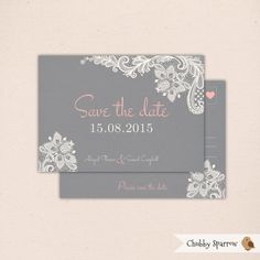 wedding save the date card with pink and gray floral design on grey envelope, by chubby sparrow