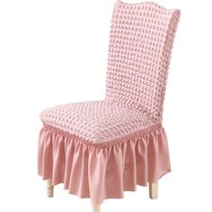 a pink chair with a ruffled seat cover on it's back and legs