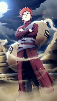 an anime character with red hair standing in front of a cloudy sky and holding his arms crossed