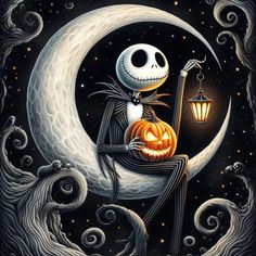 a painting of a skeleton sitting on the moon with a lantern in his hand and holding a