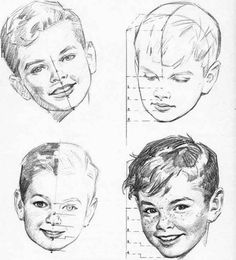 four different faces are shown in the same drawing style as each child's head