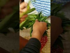 a person cutting up some green leaves on a table with a blue and white plate in the background