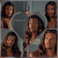 a man with long hair and no shirt in front of a heart - shaped mirror