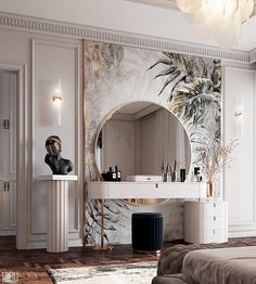 a bedroom with a vanity and mirror in it