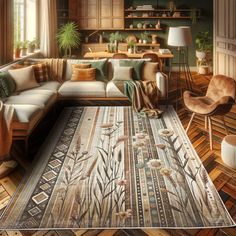 a living room filled with lots of furniture and decor on top of wooden flooring