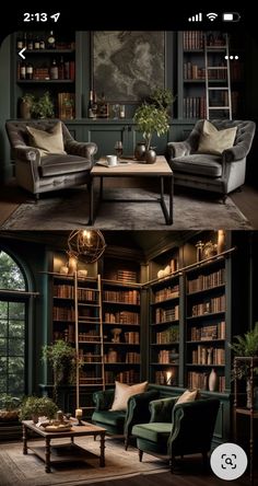 two pictures of a living room with bookshelves and couches in it, one is