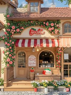 an exterior view of a store with flowers growing on the front and side of it