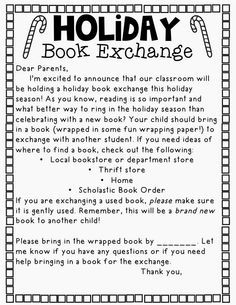 a holiday book exchange is shown in black and white