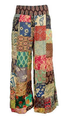 a woman's multicolored patchwork pants with high waist and wide legs