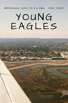 an airplane wing with the words young eagles on it and a photo of a river in the background