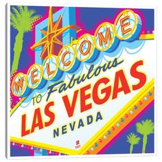 the welcome to fabulous las vegas sign in neon colors with palm trees and buildings behind it