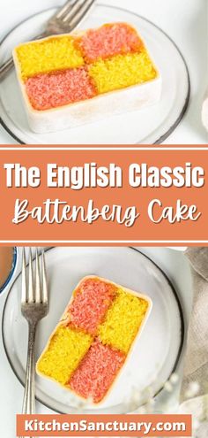 the english classic battenberg cake is made with orange, yellow and pink icing