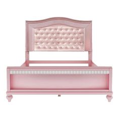 a pink bed frame with buttons on the headboard and foot board, against a white background