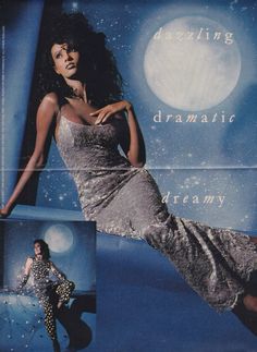 a woman in a silver dress is posing for a magazine ad with the caption dreaming dramatic