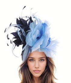 Hats By Cressida Kentucky Derby & Ascot Fascinator Hats Spring Summer Hat & Fascinator Collection Royal Blue & Navy Feather and Silk Fascinator Hat Gorgeous trimmed feathers surround large silk rose  with a saucer sinamay base Base measures about 12 inches wide Mounted with a matching headband. If you prefer a headband to match your hair, please make a note at check out what colour headband you want. We make each hat to order just for you, we would prefer if you did not order for choice. If colour match is important to you please ask for free fabric swatch to be sent to you - this reduces returns and disappointment.   We can also make a custom design for you if you have something else in mind.  RETURNS: We accept returns ONLY within 7 days of receipt.  There will be no exceptions to this p Elegant Hair Accessories For Races And Carnival, Elegant Hair Accessories For Carnival Races, Elegant Headpieces For Races And Carnival, Elegant Evening Headband For Carnival, Elegant Hair Accessories For Carnival, Blue Summer Fascinator Hat, Elegant Carnival Evening Hair Accessories, Light Blue Headpieces For Spring Wedding, Blue Mini Hat Headband For Spring